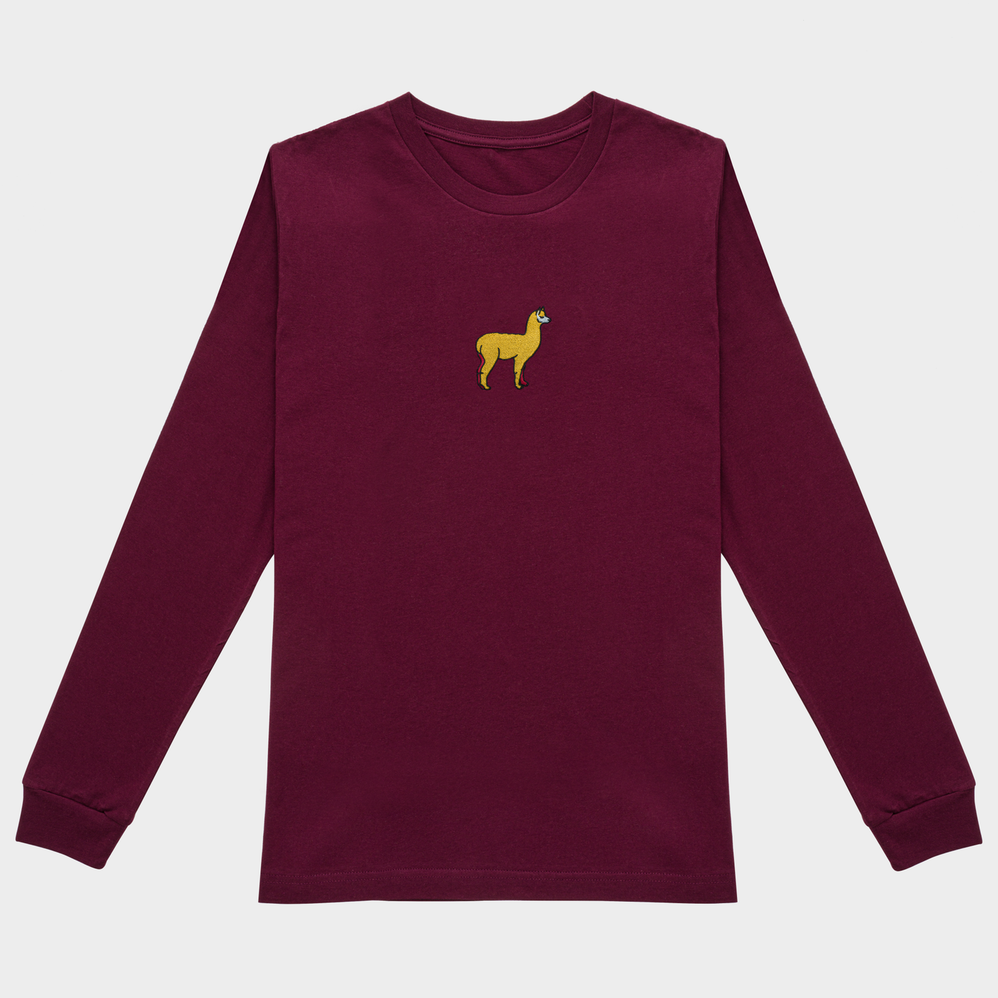 Bobby's Planet Men's Embroidered Alpaca Long Sleeve Shirt from South American Amazon Animals Collection in Maroon Color#color_maroon