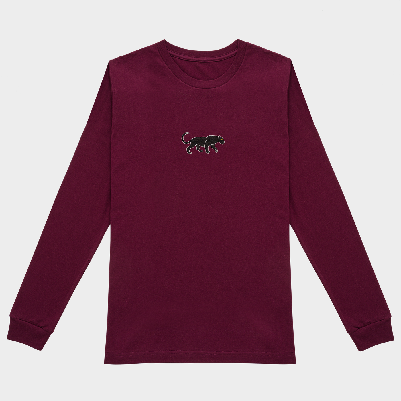 Bobby's Planet Men's Embroidered Black Jaguar Long Sleeve Shirt from South American Amazon Animals Collection in Maroon Color#color_maroon