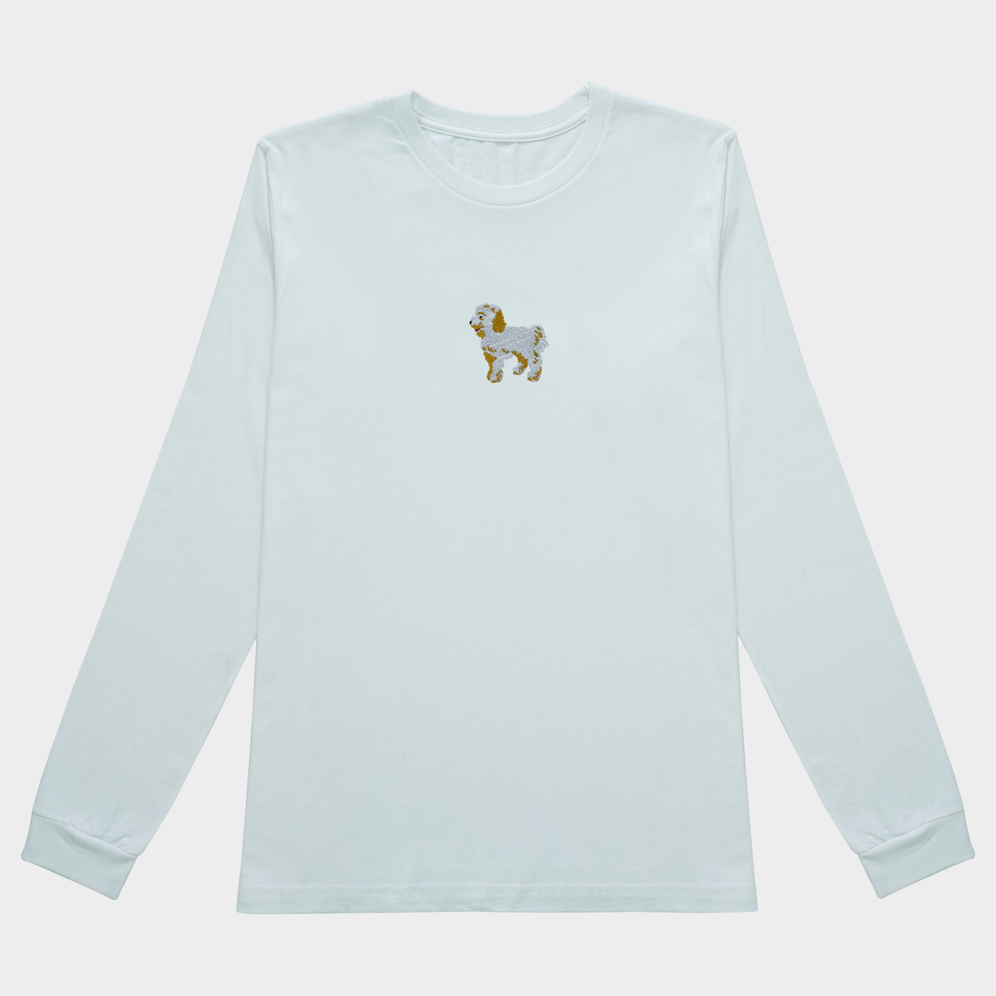 Bobby's Planet Women's Embroidered Poodle Long Sleeve Shirt from Bobbys Planet Toy Poodle Collection in White Color#color_white