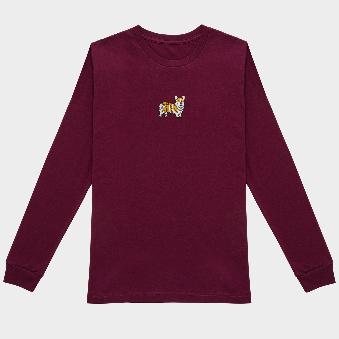 Bobby's Planet Men's Embroidered Corgi Long Sleeve Shirt from Paws Dog Cat Animals Collection in Maroon Color#color_maroon