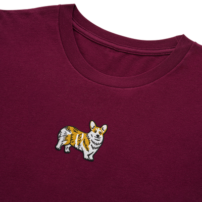 Bobby's Planet Women's Embroidered Corgi Long Sleeve Shirt from Paws Dog Cat Animals Collection in Maroon Color#color_maroon