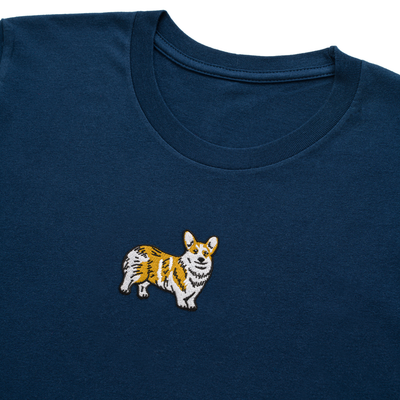 Bobby's Planet Men's Embroidered Corgi Long Sleeve Shirt from Paws Dog Cat Animals Collection in Navy Color#color_navy
