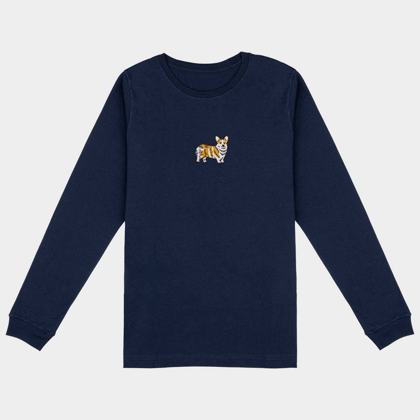 Bobby's Planet Women's Embroidered Corgi Long Sleeve Shirt from Paws Dog Cat Animals Collection in Navy Color#color_navy