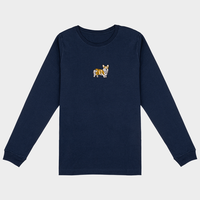 Bobby's Planet Women's Embroidered Corgi Long Sleeve Shirt from Paws Dog Cat Animals Collection in Navy Color#color_navy