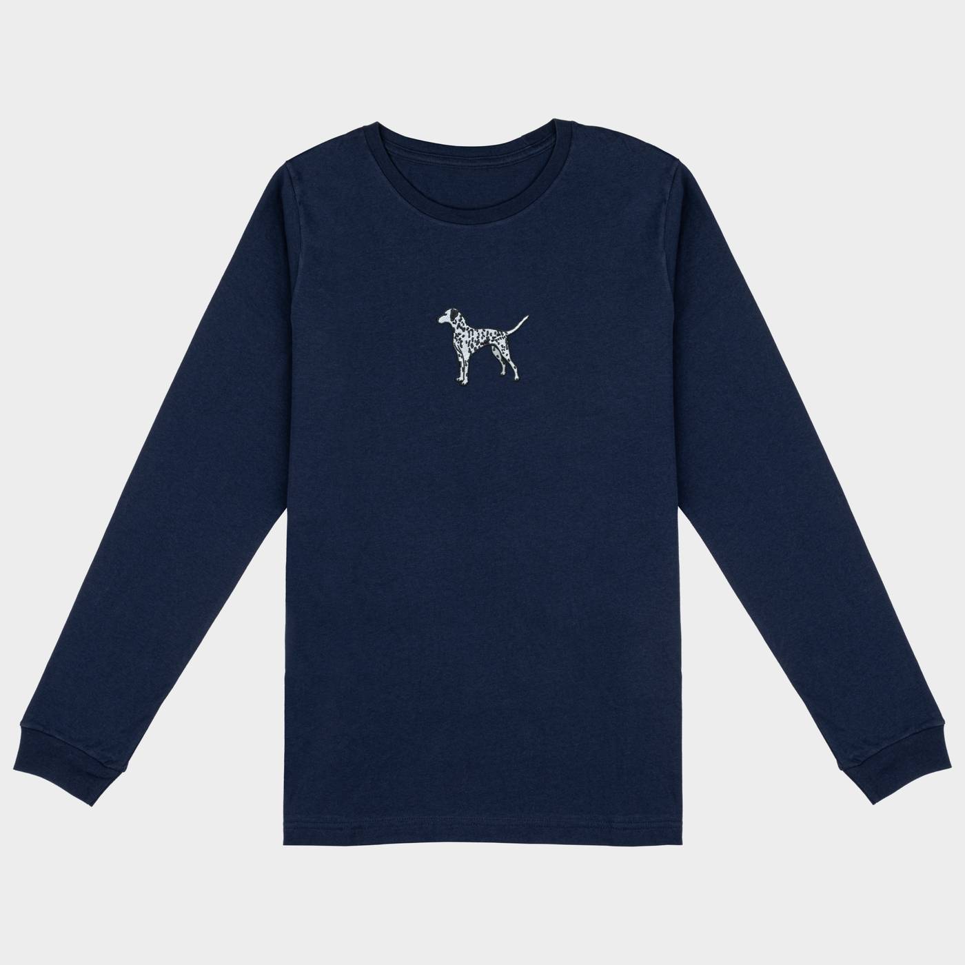 Bobby's Planet Women's Embroidered Dalmatian Long Sleeve Shirt from Paws Dog Cat Animals Collection in Navy Color#color_navy