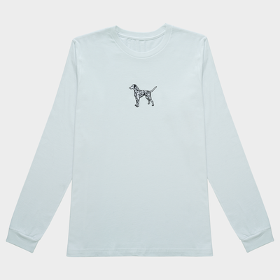 Bobby's Planet Women's Embroidered Dalmatian Long Sleeve Shirt from Paws Dog Cat Animals Collection in White Color#color_white