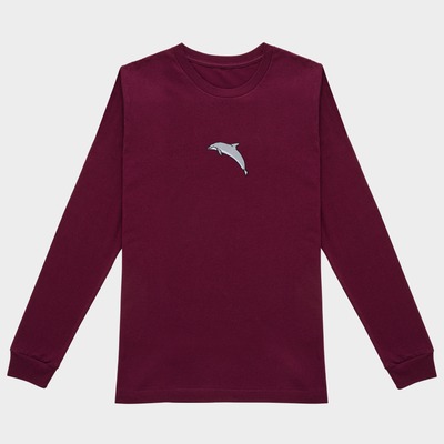Bobby's Planet Women's Embroidered Dolphin Long Sleeve Shirt from Seven Seas Fish Animals Collection in Maroon Color#color_maroon