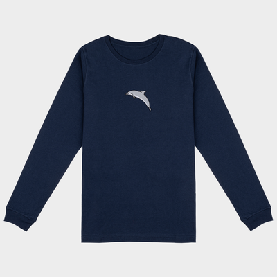 Bobby's Planet Men's Embroidered Dolphin Long Sleeve Shirt from Seven Seas Fish Animals Collection in Navy Color#color_navy