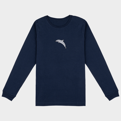 Bobby's Planet Women's Embroidered Dolphin Long Sleeve Shirt from Seven Seas Fish Animals Collection in Navy Color#color_navy