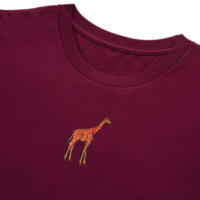 Bobby's Planet Women's Embroidered Giraffe Long Sleeve Shirt from African Animals Collection in Maroon Color#color_maroon