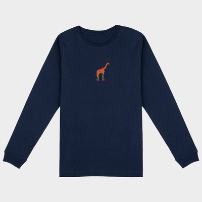 Bobby's Planet Women's Embroidered Giraffe Long Sleeve Shirt from African Animals Collection in Navy Color#color_navy