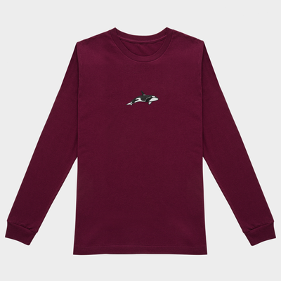 Bobby's Planet Men's Embroidered Orca Long Sleeve Shirt from Seven Seas Fish Animals Collection in Maroon Color#color_maroon