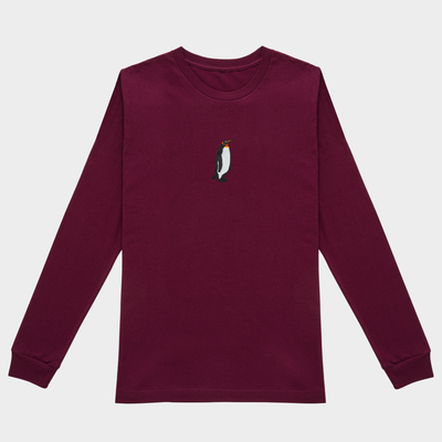 Bobby's Planet Men's Embroidered Penguin Long Sleeve Shirt from Arctic Polar Animals Collection in Maroon Color#color_maroon