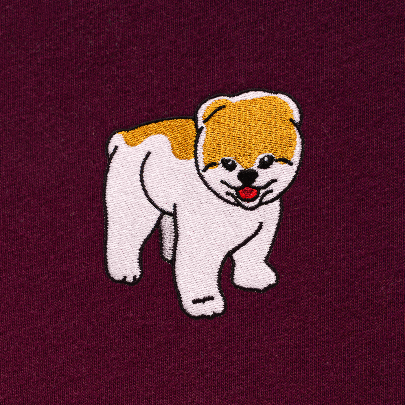 Bobby's Planet Men's Embroidered Pomeranian Long Sleeve Shirt from Paws Dog Cat Animals Collection in Maroon Color#color_maroon