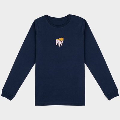 Bobby's Planet Men's Embroidered Pomeranian Long Sleeve Shirt from Paws Dog Cat Animals Collection in Navy Color#color_navy