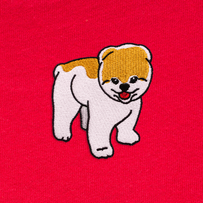 Bobby's Planet Women's Embroidered Pomeranian Long Sleeve Shirt from Paws Dog Cat Animals Collection in Red Color#color_red