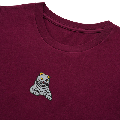 Bobby's Planet Men's Embroidered Scottish Fold Long Sleeve Shirt from Paws Dog Cat Animals Collection in Maroon Color#color_maroon