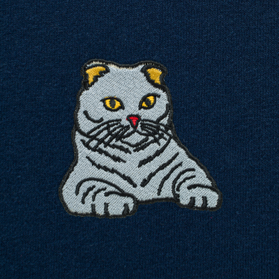 Bobby's Planet Men's Embroidered Scottish Fold Long Sleeve Shirt from Paws Dog Cat Animals Collection in Navy Color#color_navy