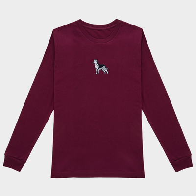 Bobby's Planet Women's Embroidered Siberian Husky Long Sleeve Shirt from Paws Dog Cat Animals Collection in Maroon Color#color_maroon