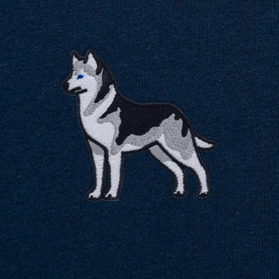Bobby's Planet Men's Embroidered Siberian Husky Long Sleeve Shirt from Paws Dog Cat Animals Collection in Navy Color#color_navy