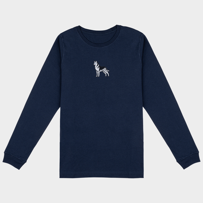 Bobby's Planet Men's Embroidered Siberian Husky Long Sleeve Shirt from Paws Dog Cat Animals Collection in Navy Color#color_navy