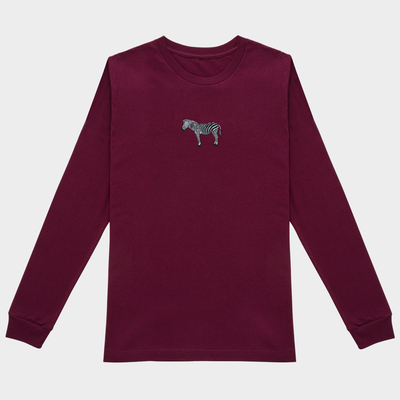 Bobby's Planet Men's Embroidered Zebra Long Sleeve Shirt from African Animals Collection in Maroon Color#color_maroon