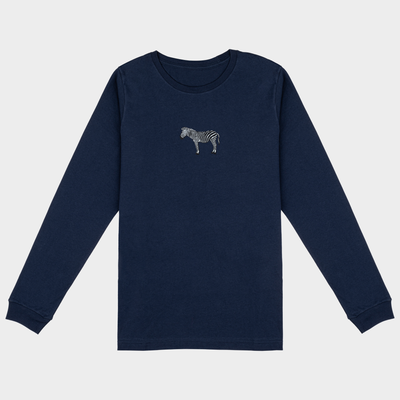 Bobby's Planet Women's Embroidered Zebra Long Sleeve Shirt from African Animals Collection in Navy Color#color_navy