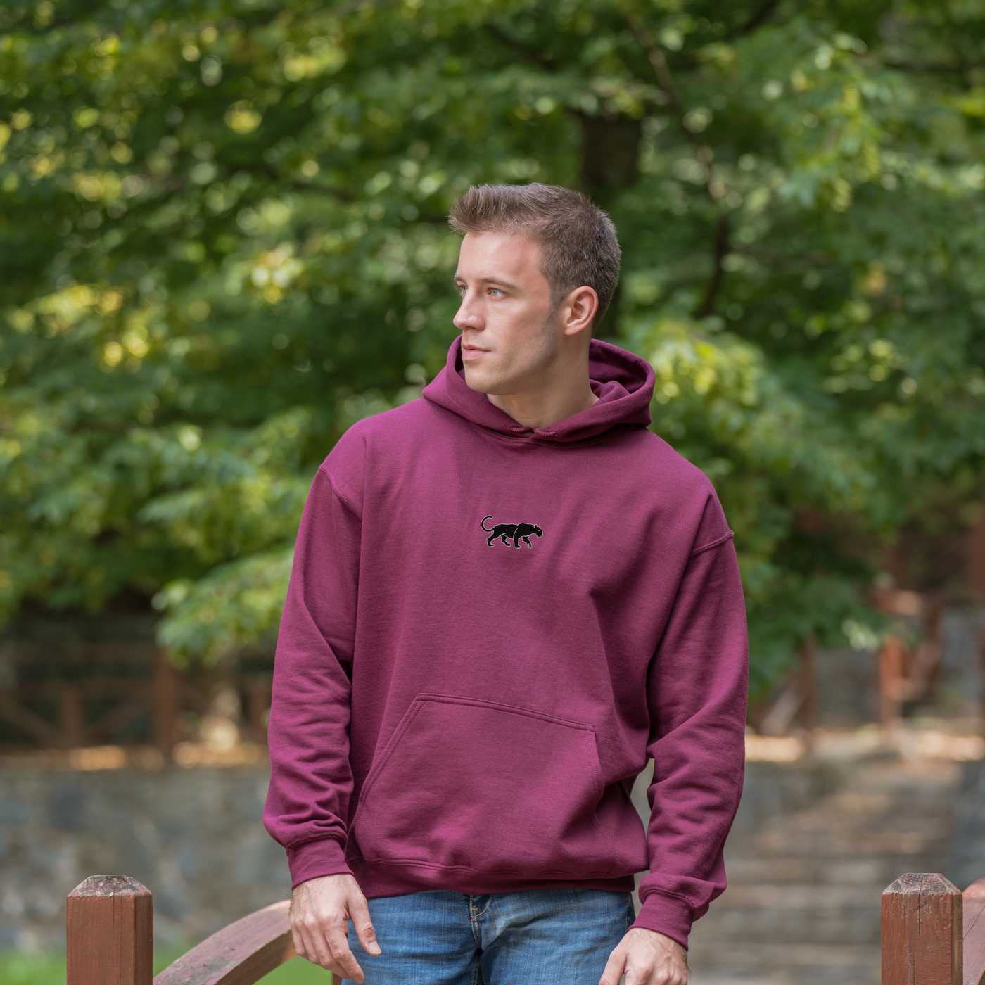 Bobby's Planet Men's Embroidered Black Jaguar Hoodie from South American Amazon Animals Collection in Maroon Color#color_maroon