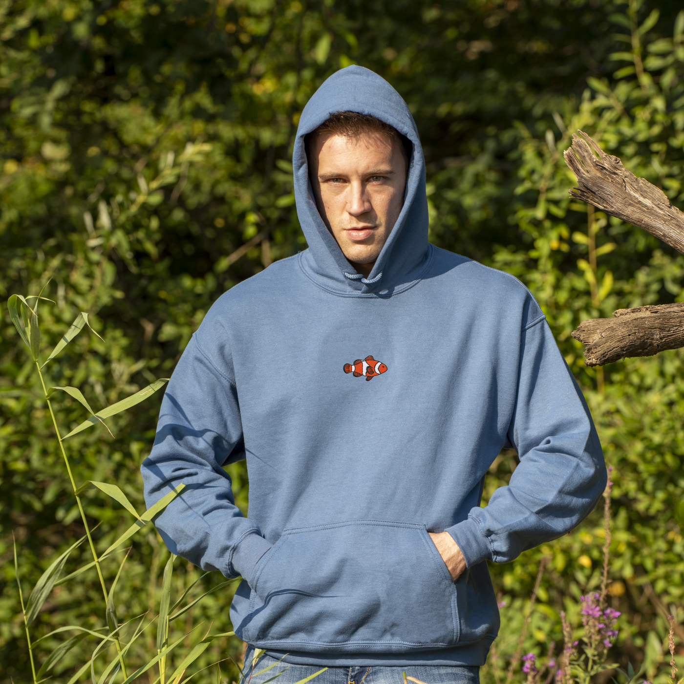 Bobby's Planet Men's Embroidered Clownfish Hoodie from Seven Seas Fish Animals Collection in Indigo Blue Color#color_indigo-blue