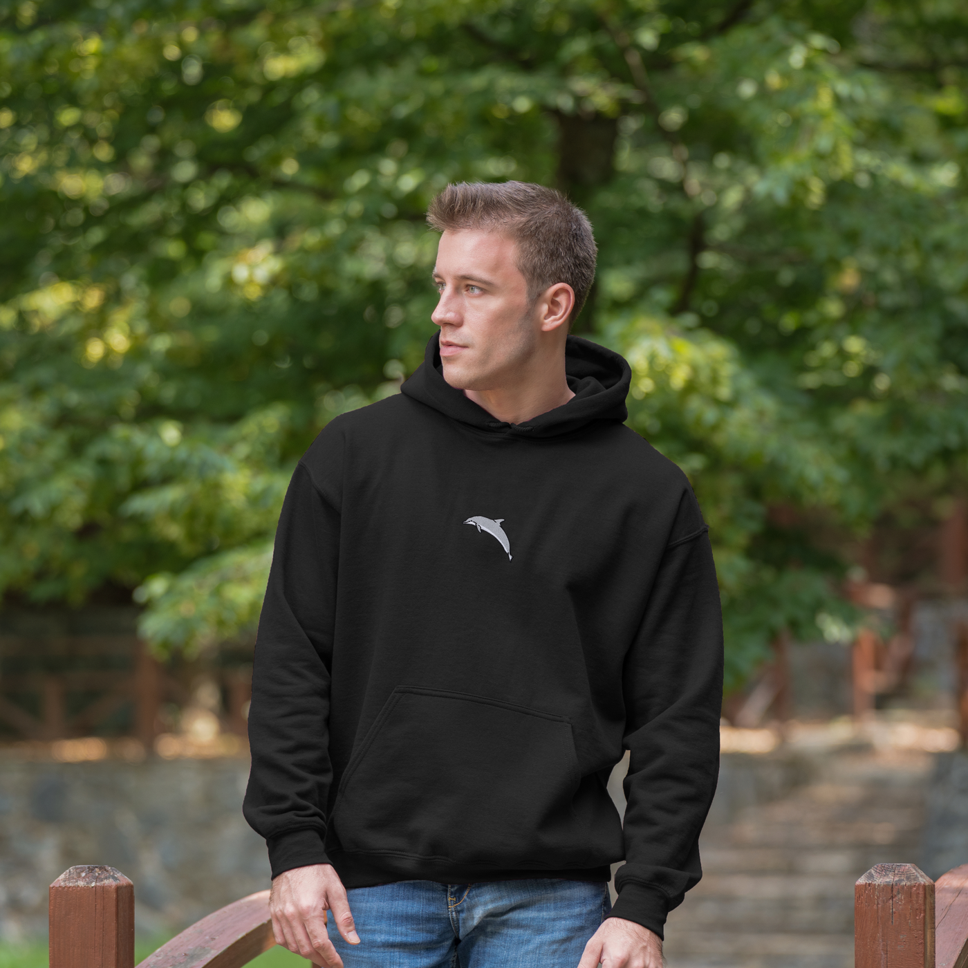 Bobby's Planet Men's Embroidered Dolphin Hoodie from Seven Seas Fish Animals Collection in Black Color#color_black
