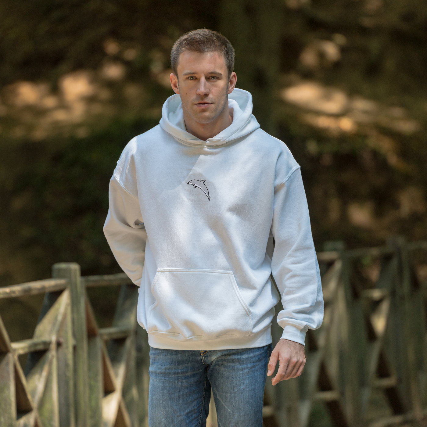 Bobby's Planet Men's Embroidered Dolphin Hoodie from Seven Seas Fish Animals Collection in White Color#color_white