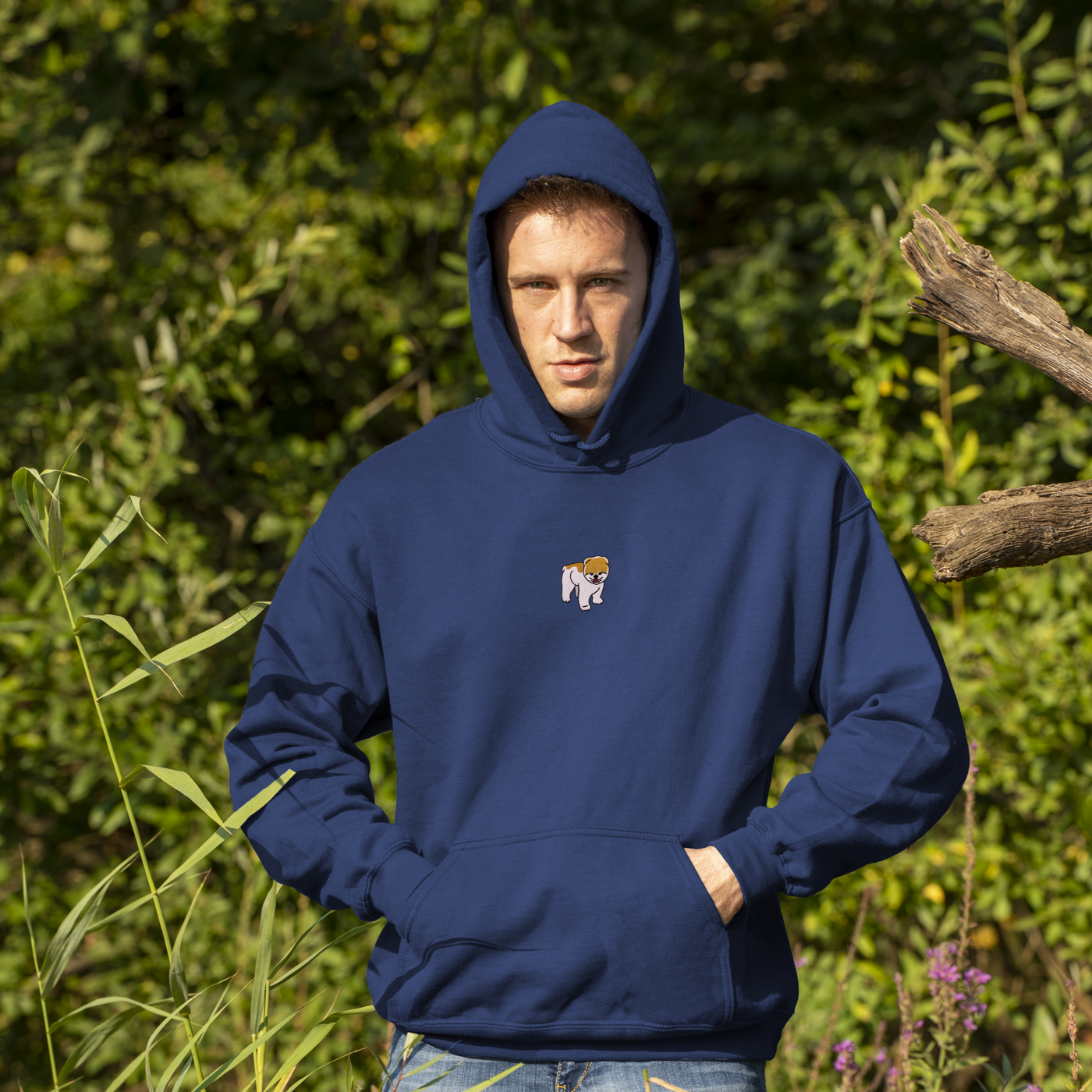 Bobby's Planet Men's Embroidered Pomeranian Hoodie from Paws Dog Cat Animals Collection in Navy Color#color_navy