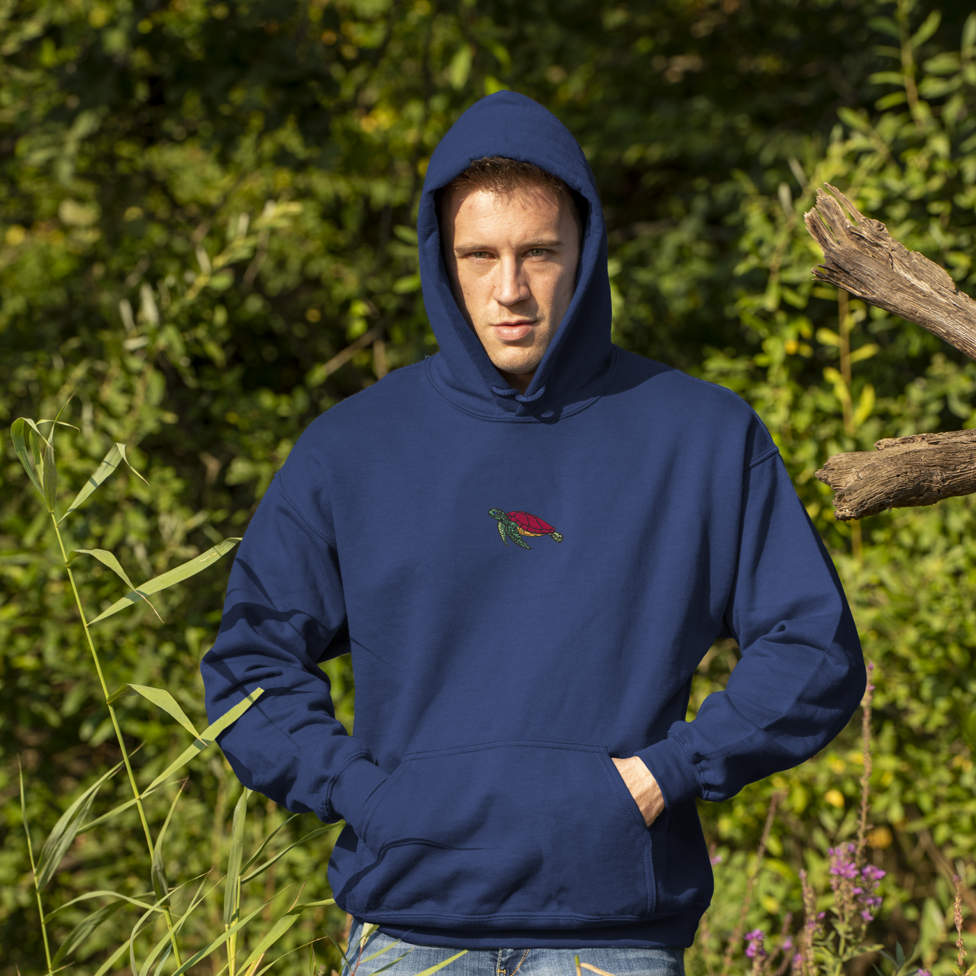Bobby's Planet Men's Embroidered Sea Turtle Hoodie from Seven Seas Fish Animals Collection in Navy Color#color_navy