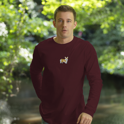 Bobby's Planet Men's Embroidered Corgi Long Sleeve Shirt from Paws Dog Cat Animals Collection in Maroon Color#color_maroon