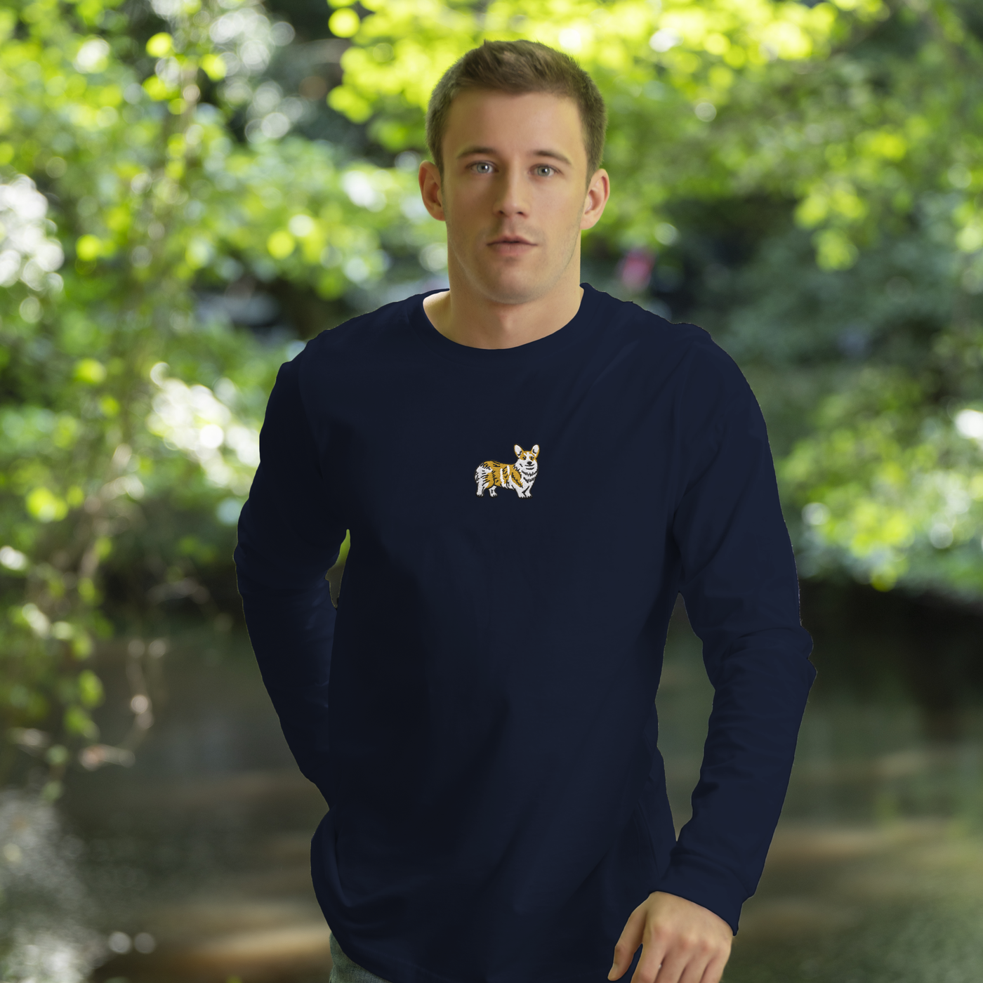 Bobby's Planet Men's Embroidered Corgi Long Sleeve Shirt from Paws Dog Cat Animals Collection in Navy Color#color_navy