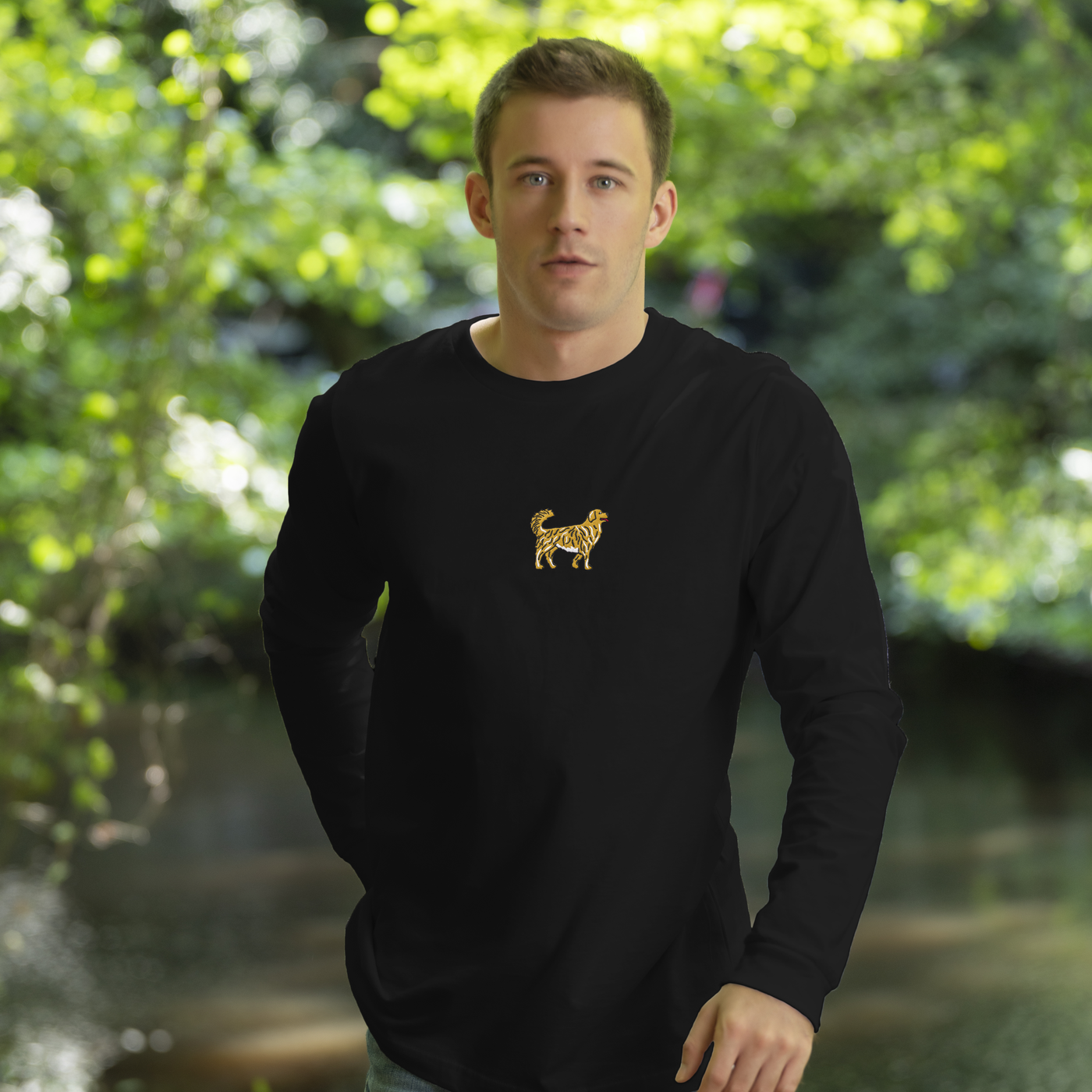 Bobby's Planet Men's Embroidered Golden Retriever Long Sleeve Shirt from Paws Dog Cat Animals Collection in Black Color#color_black