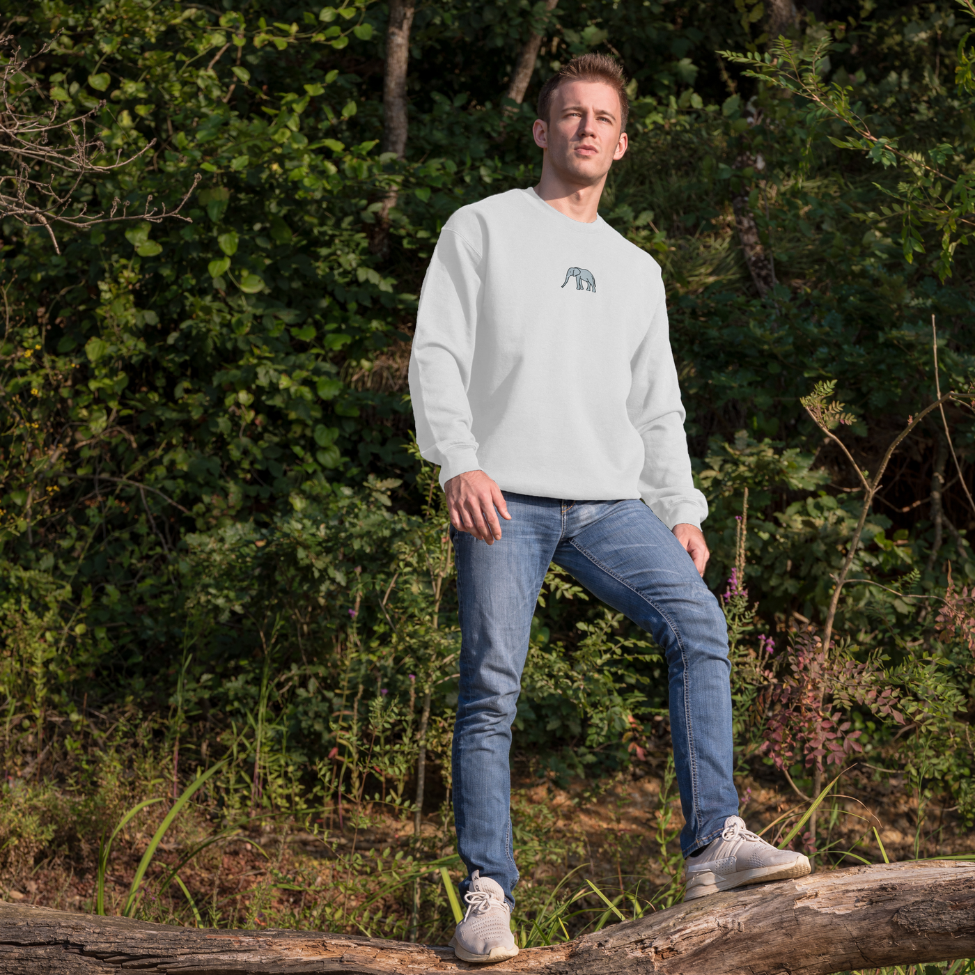 Bobby's Planet Men's Embroidered Elephant Sweatshirt from African Animals Collection in White Color#color_white