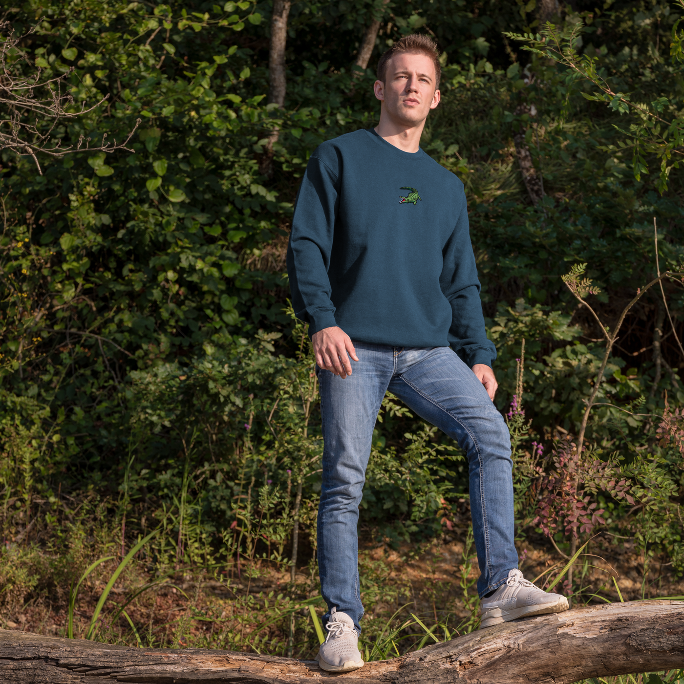 Bobby's Planet Men's Embroidered Saltwater Crocodile Sweatshirt from Australia Down Under Animals Collection in Indigo Blue Color#color_indigo-blue