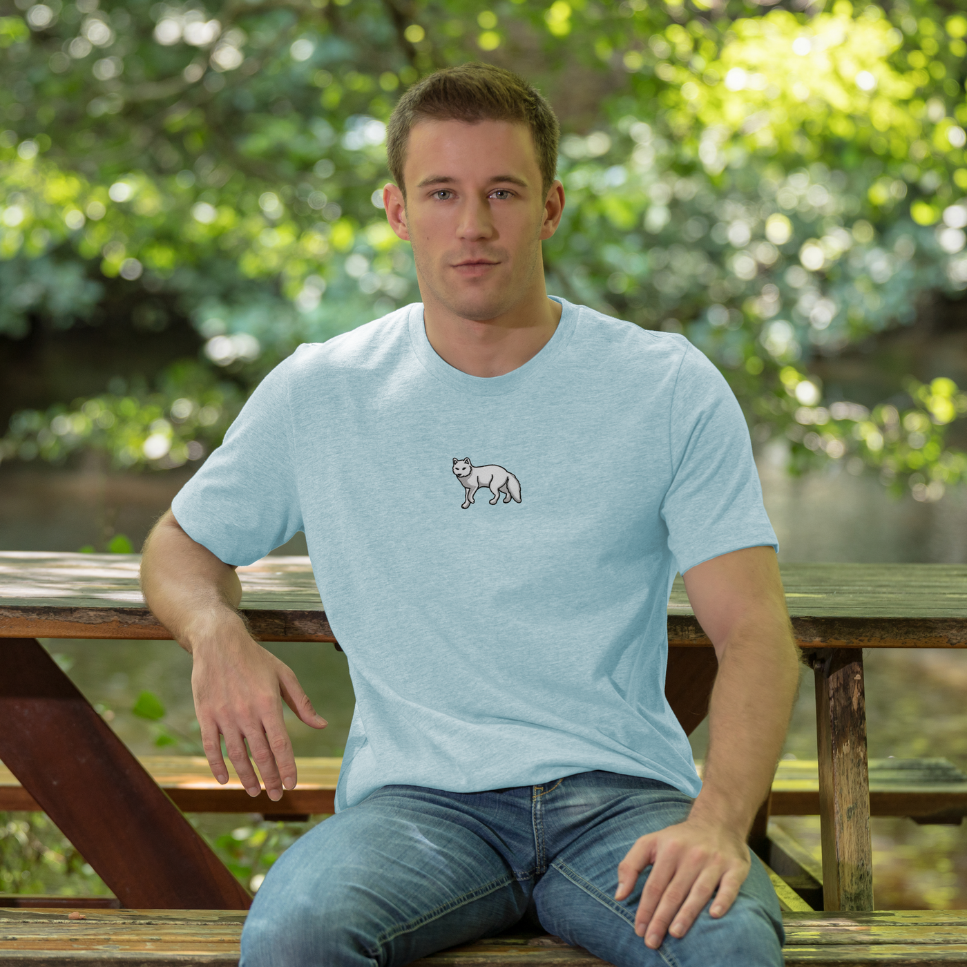 Bobby's Planet Men's Embroidered Arctic Fox T-Shirt from Arctic Polar Animals Collection in Heather Prism Ice Blue Color#color_heather-prism-ice-blue