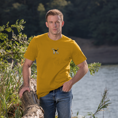 Bobby's Planet Men's Embroidered Beagle T-Shirt from Paws Dog Cat Animals Collection in Mustard Color#color_mustard