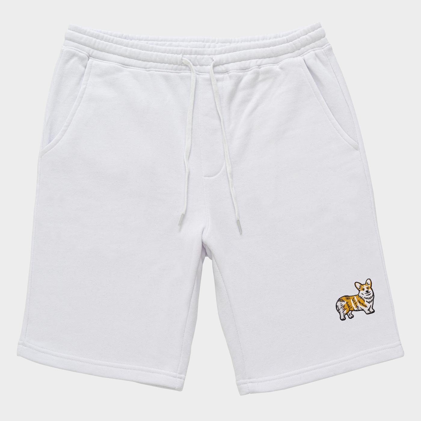 Bobby's Planet Men's Embroidered Corgi Shorts from Paws Dog Cat Animals Collection in White Color#color_white