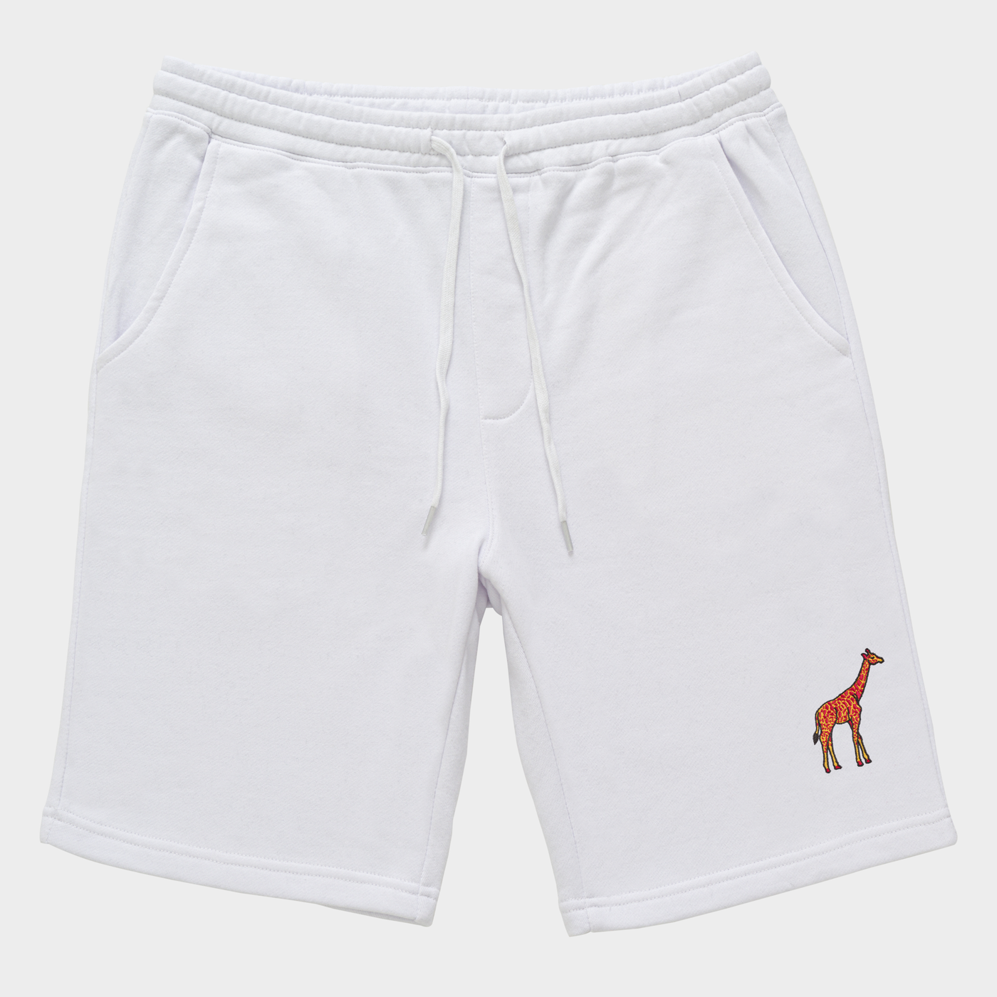 Bobby's Planet Men's Embroidered Giraffe Shorts from African Animals Collection in White Color#color_white