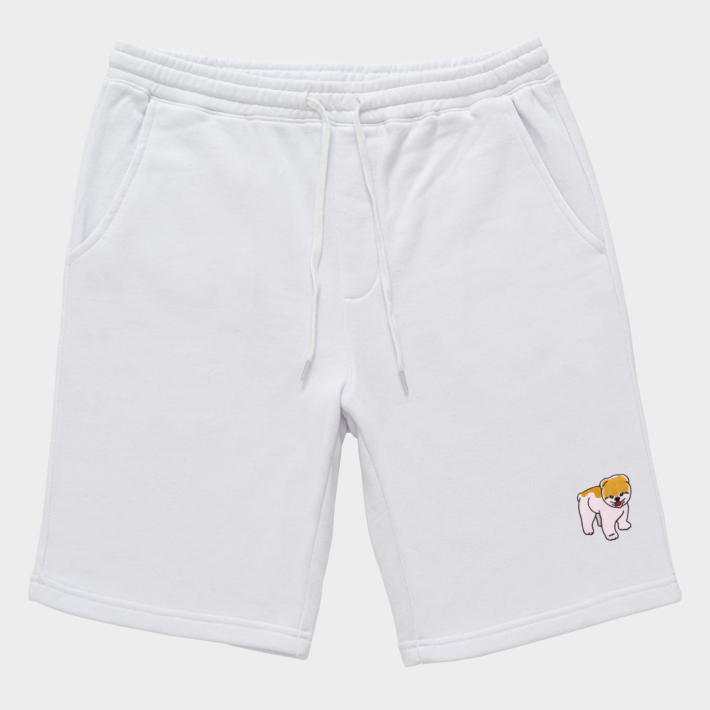 Bobby's Planet Men's Embroidered Pomeranian Shorts from Paws Dog Cat Animals Collection in White Color#color_white