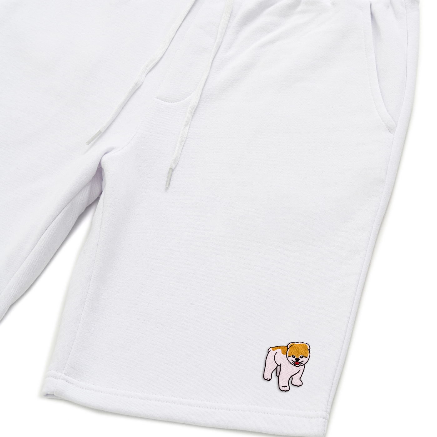 Bobby's Planet Men's Embroidered Pomeranian Shorts from Paws Dog Cat Animals Collection in White Color#color_white