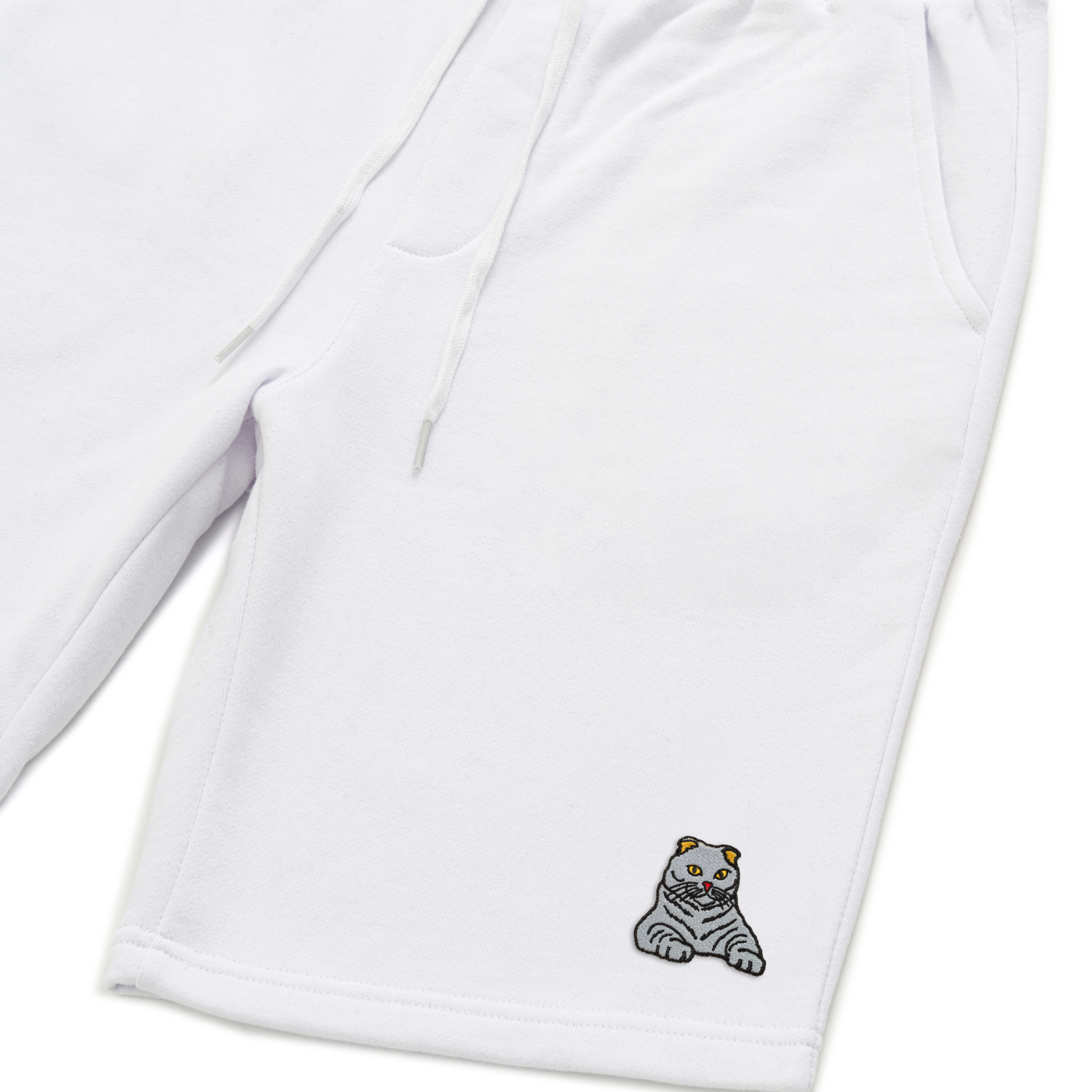 Bobby's Planet Men's Embroidered Scottish Fold Shorts from Paws Dog Cat Animals Collection in White Color#color_white