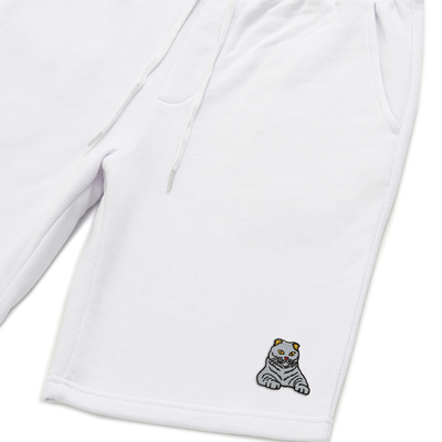 Bobby's Planet Men's Embroidered Scottish Fold Shorts from Paws Dog Cat Animals Collection in White Color#color_white