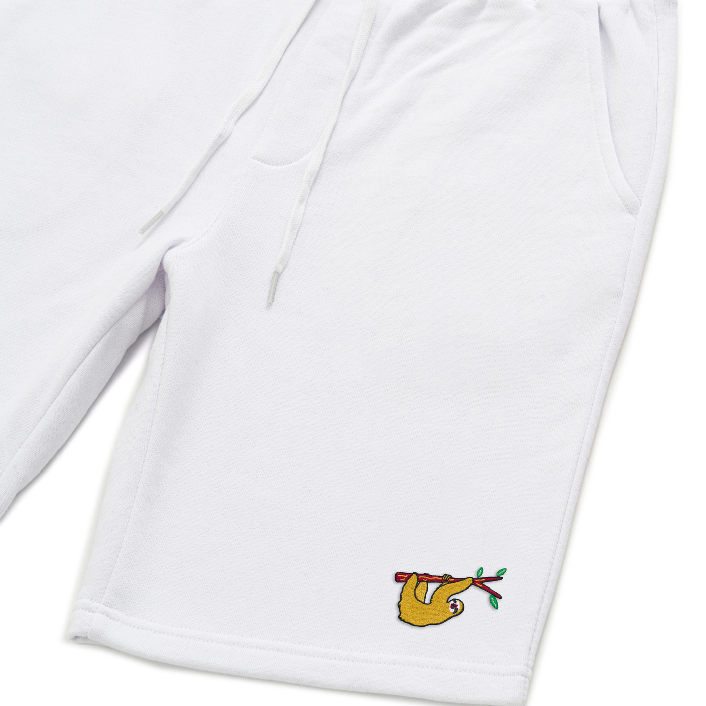 Bobby's Planet Men's Embroidered Sloth Shorts from South American Amazon Animals Collection in White Color#color_white
