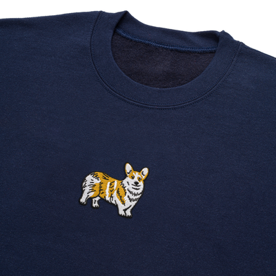 Bobby's Planet Women's Embroidered Corgi Sweatshirt from Paws Dog Cat Animals Collection in Navy Color#color_navy
