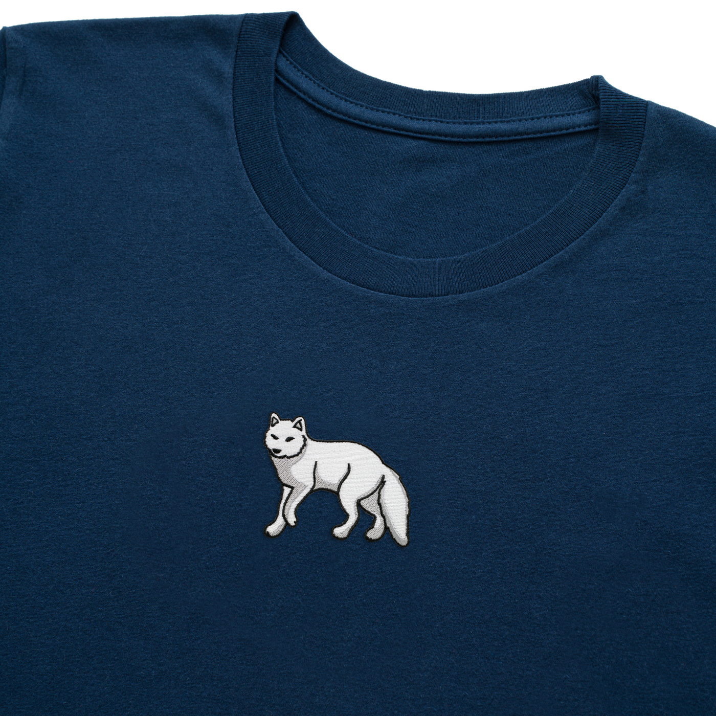 Bobby's Planet Women's Embroidered Arctic Fox T-Shirt from Arctic Polar Animals Collection in Navy Color#color_navy