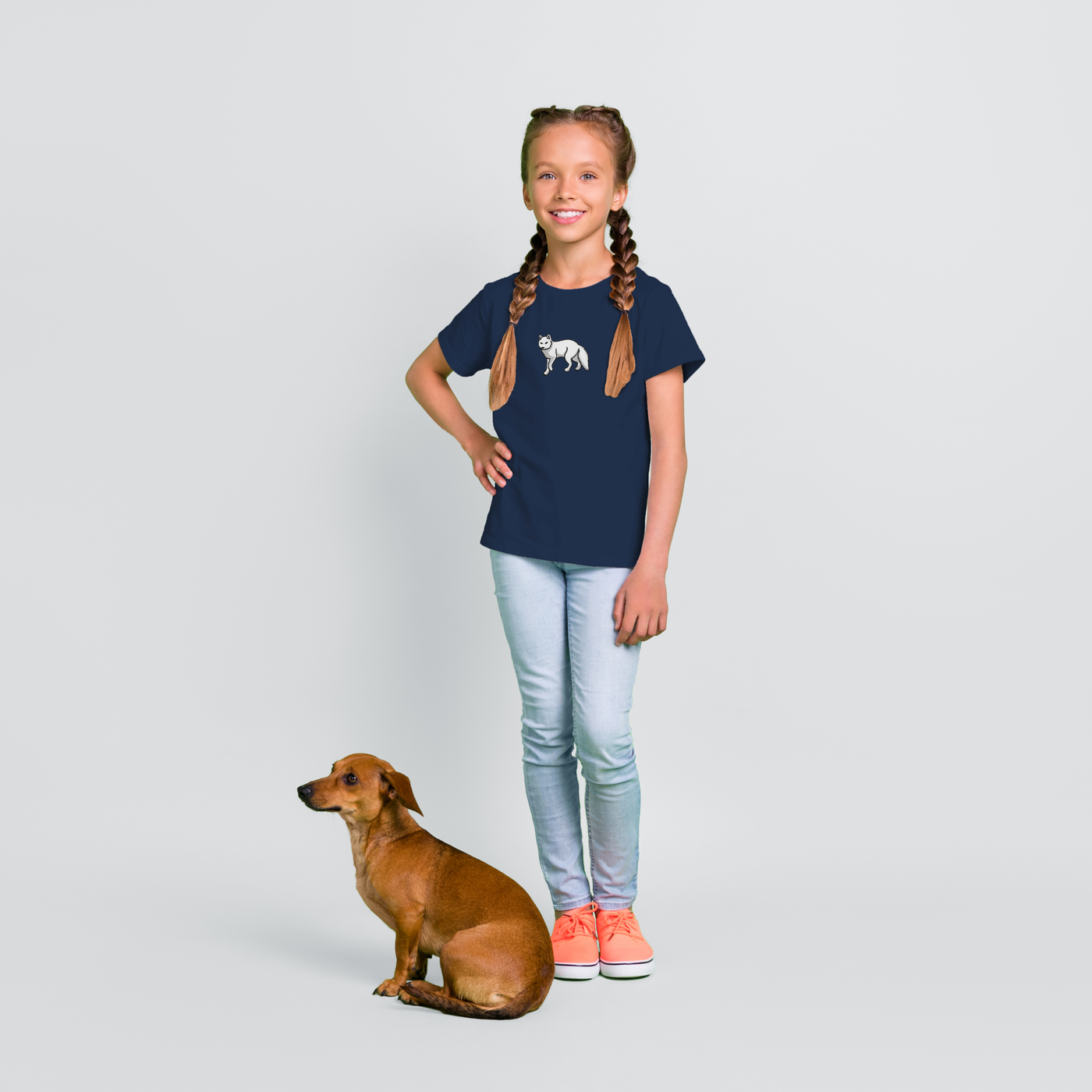 Bobby's Planet Kids Embroidered Arctic Fox T-Shirt from Arctic Polar Animals Collection in Navy Color#color_navy